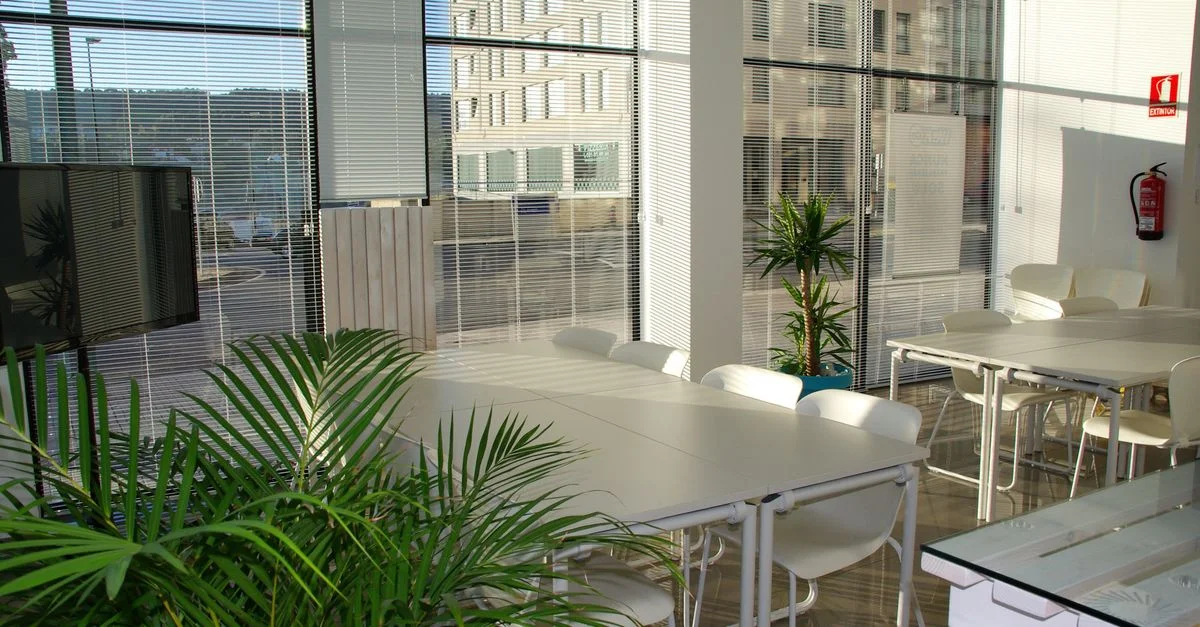 Lounge de bureau spacieux et ensoleillé avec des tables et des chaises blanches au style moderne.