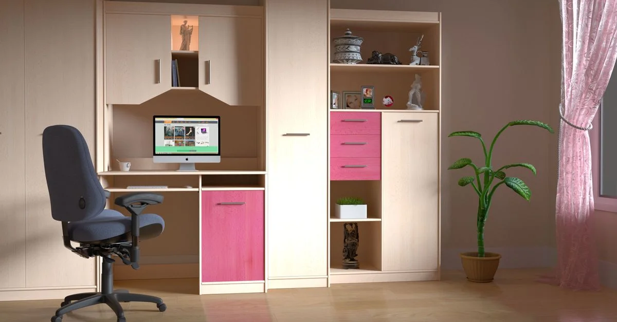 Configuration de bureau moderne à domicile avec un bureau, une chaise et des étagères élégantes.
